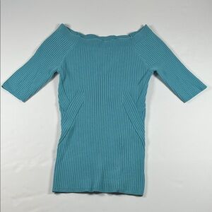 White House Black Market Teal Off-Shoulder Elbow Sleeve Ribbed Sweater Sz S